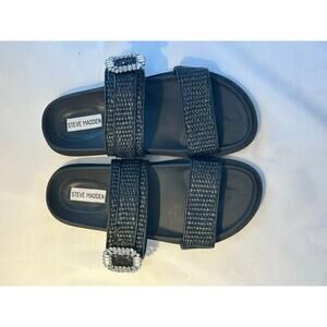 Steve Madden Orson Crystal Buckle Black Raffia Slide Sandal Size 8 NWOT